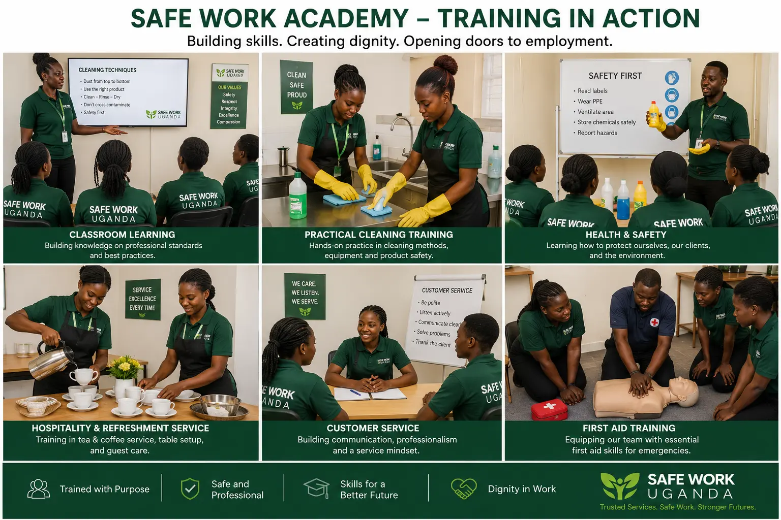 Safe Work Academy classroom, practical cleaning, hospitality, customer service and first aid training