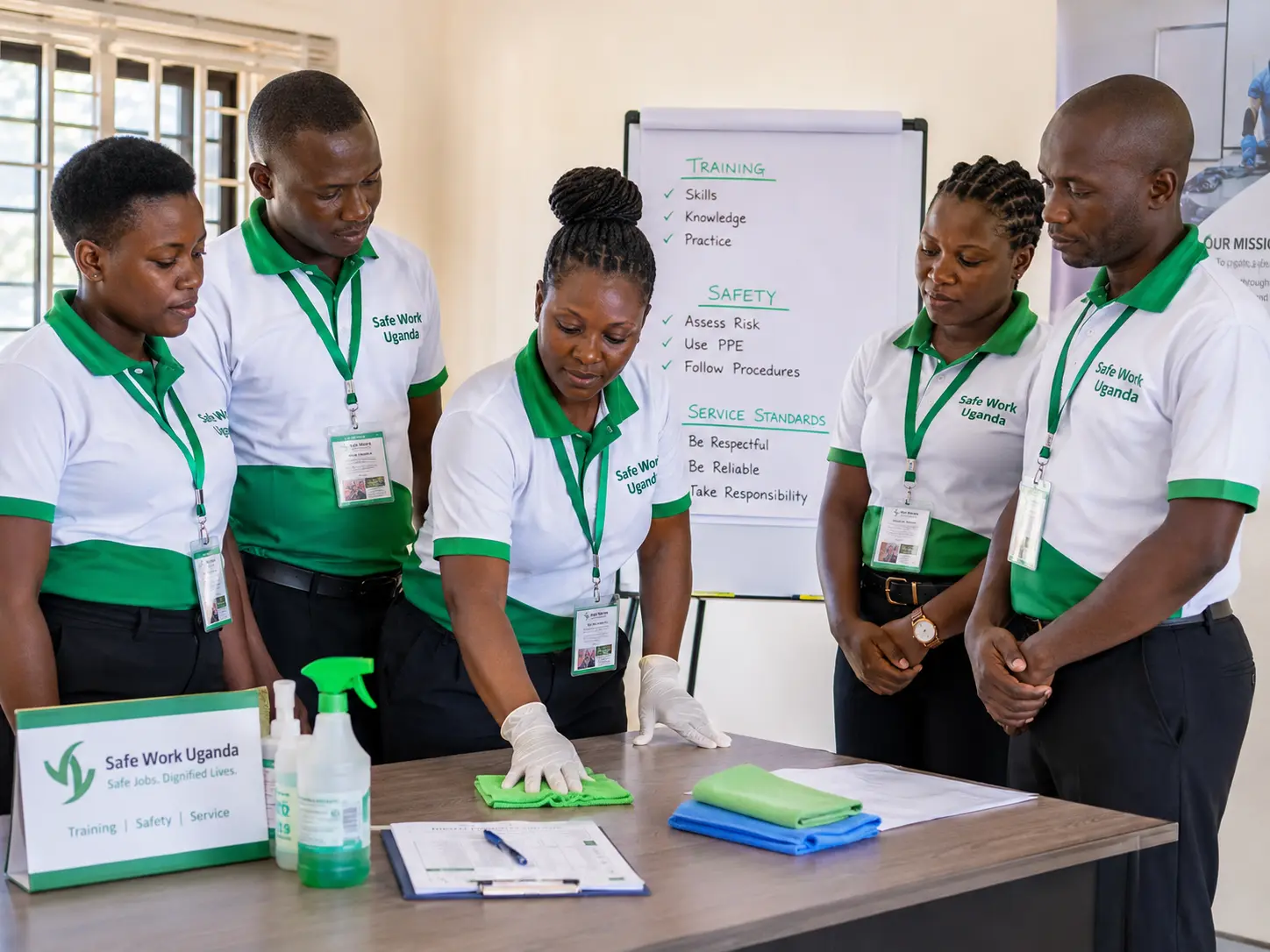Safe Work Uganda team members in branded uniforms and identification cards during practical cleaning training