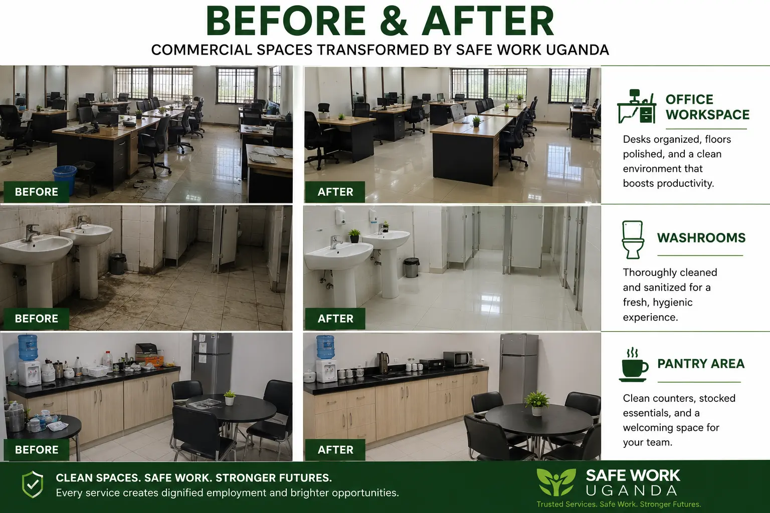 Before and after examples of Safe Work Uganda workplace cleaning results